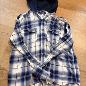 Men’s XL Plaid Blue and White Button Down with Hood